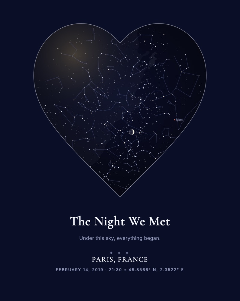 Heart-shaped midnight-blue star map titled The Night We Met, Paris, 14 February 2019