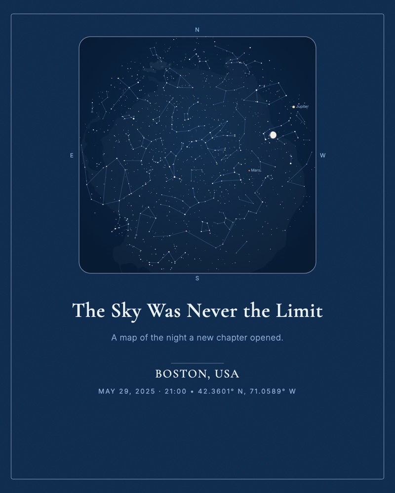 Square deep blue star map titled The Sky Was Never the Limit over Boston, 29 May 2025