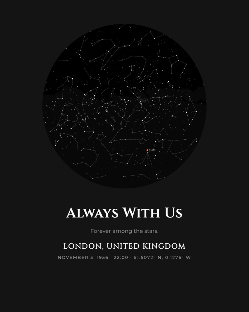 Minimal black memorial star map titled Always With Us over London, 3 November 1956