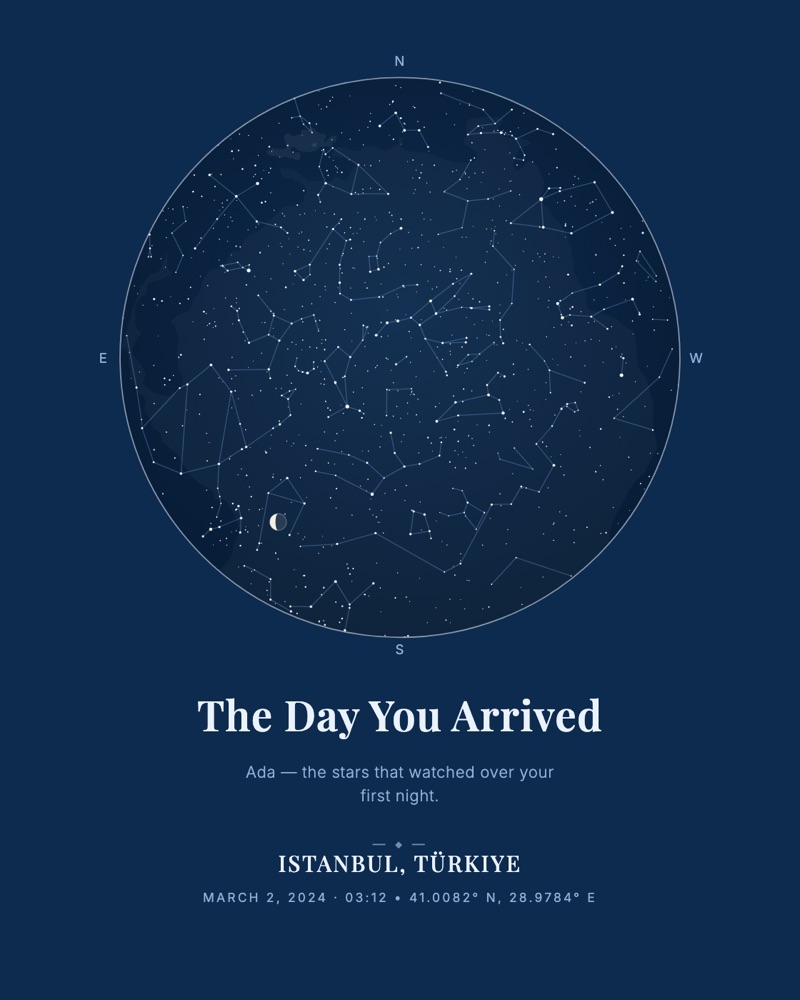 Deep blue birth star map titled The Day You Arrived over Istanbul, 2 March 2024