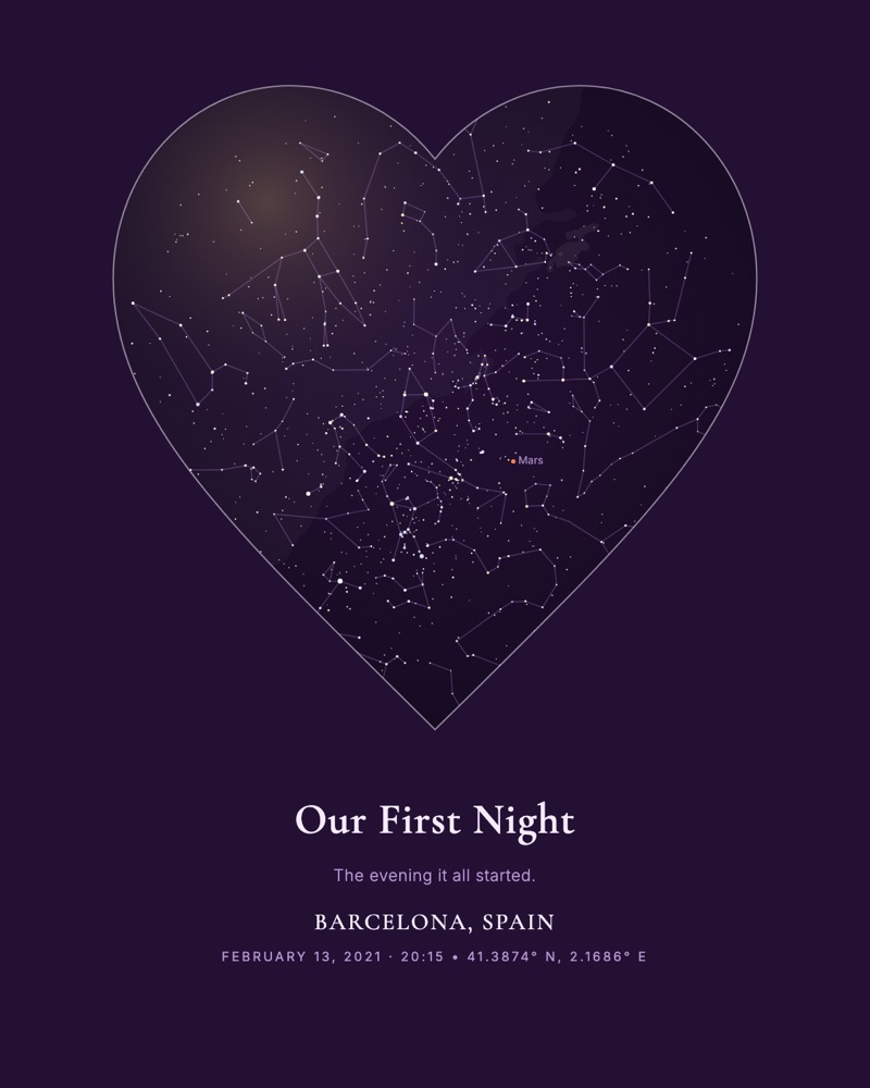 Heart-shaped plum star map titled Our First Night, Barcelona, 13 February 2021