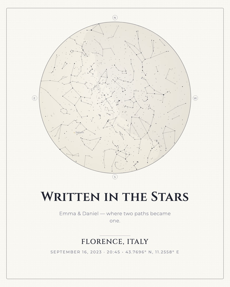 Ivory wedding star map titled Written in the Stars, Florence, 16 September 2023
